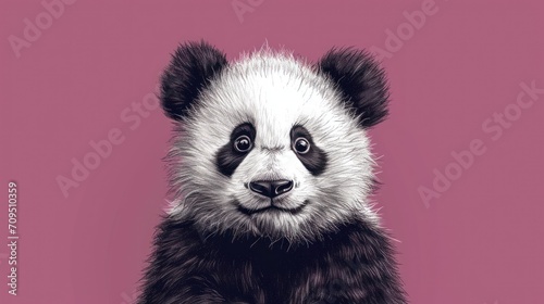  a black and white picture of a panda bear on a pink background with a black and white image of it's face. © Shanti