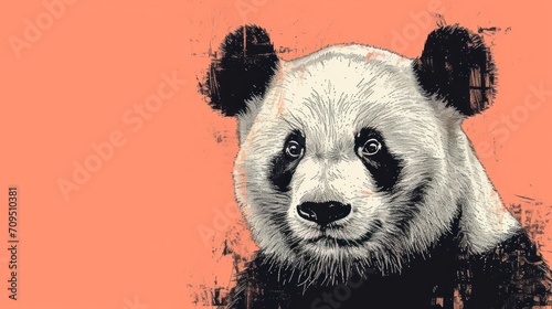  a close up of a panda bear on a pink background with a black and white drawing of it's face.