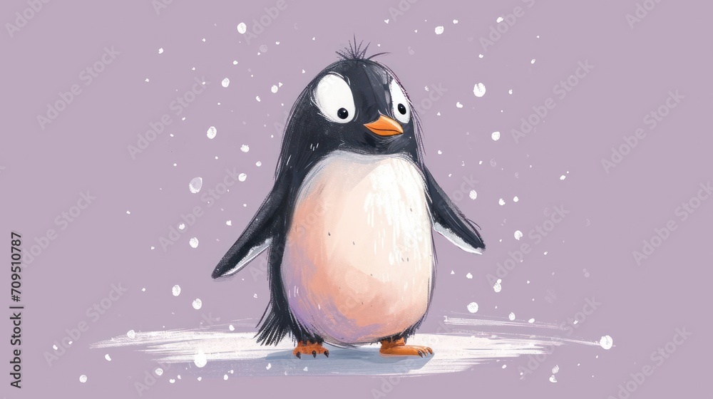 a penguin is standing in the snow on a purple background with snow flakes and snow flakes around it. a penguin is standing in the snow on a purple background with snow flakes and snow flakes around it.