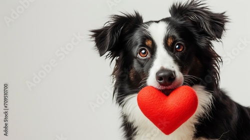 St. Valentine's Day concept. Funny portrait cute puppy dog border collie holding red heart in mouth isolated on white background, close up. Lovely dog in love on valentines day gives gift 