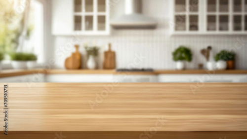 Empty wooden table top on blur scandinavian kitchen room background, Mockup banner for display of advertise product, Background of food photo posting