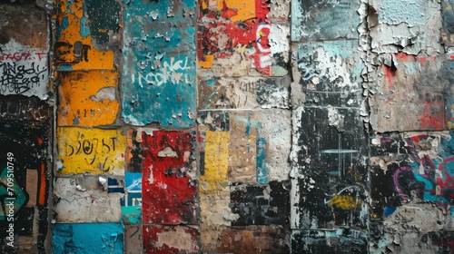 Graffiti-covered urban wall with layers of paint, rust, and dirt, showcasing the vibrant chaos of city life. © Manyapha