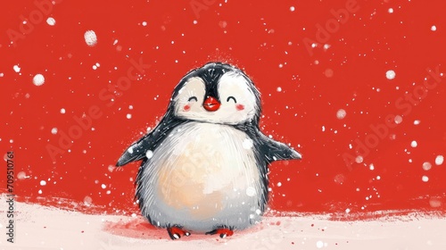  a couple of penguins standing next to each other on top of a snow covered ground in front of a red background.
