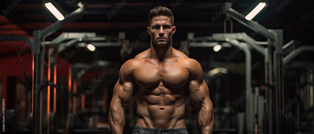 Bodybuilder lifting weights and flexing muscles in a modern gym Bodybuilder lifting weights and flexing muscles in a modern gym