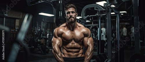 Bodybuilder lifting weights and flexing muscles in a modern gym