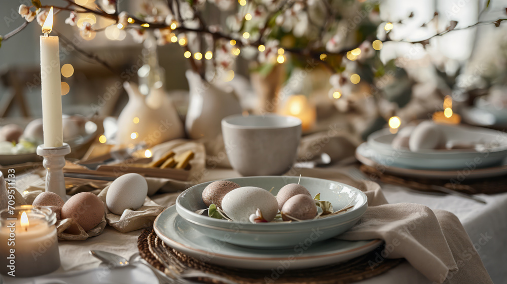 Fototapeta premium Beautiful Easter Table Setting with Flowers and Easter Eggs