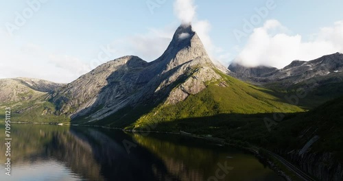 Prominent Mountain Of Stetind During Autumn In Nordland County, Norway. Aerial Wide Shot photo