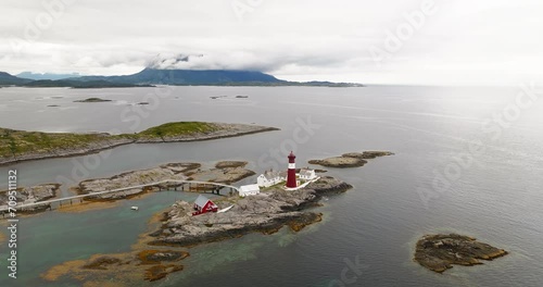 Remarkable Tranoy Lighthouse Lofoten islands, Hamaroy, Nordland, Norway. Aerial Wide Shot photo