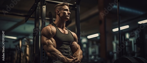 Bodybuilder lifting weights and flexing muscles in a modern gym photo