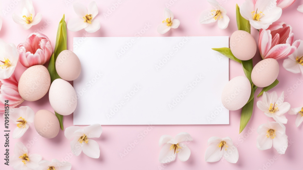 Easter theme with a pink backdrop featuring delicate flowers, pastel eggs, and a blank white card.