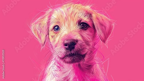  a close up of a dog's face on a pink background with a blurry image of a dog's face.