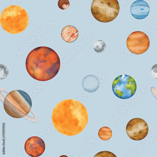Seamless pattern The solar system. Mercury, Venus, Earth with its satellite, the Moon Mars, Jupiter, Saturn, Uranus, Neptune, and the dwarf planet Pluto. Blue background Watercolor