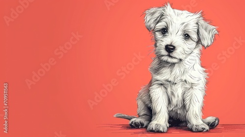  a small white dog sitting on top of a red floor next to a black and white drawing of a dog.