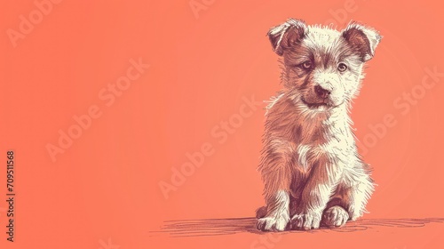  a small brown and white dog sitting on top of a red floor next to an orange wall and a black and white drawing of a dog.