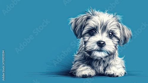  a small gray and white dog sitting on top of a blue floor next to a black and white dog on a blue background.