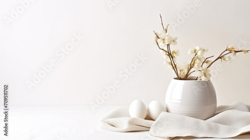 A minimalist Easter composition featuring a white vase with spring blossoms and white eggs on a soft beige background.