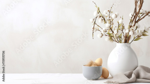 A modern Easter setting displaying a sleek white vase with cotton branches and a bowl of white eggs on a neutral backdrop.
