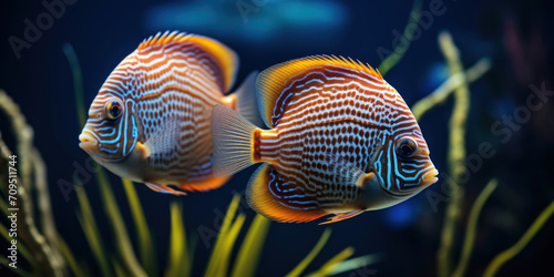 Colorful discus fish with intricate patterns swimming in an aquarium with a deep blue background, amongst ocean flora.