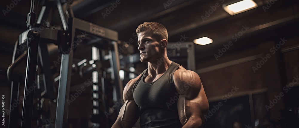 Bodybuilder lifting weights and flexing muscles in a modern gym Bodybuilder lifting weights and flexing muscles in a modern gym