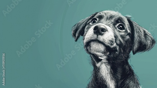  a black and white drawing of a dog's face looking up with his paw on his chin, with a blue background.