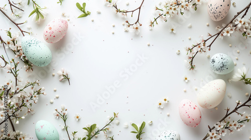 Charming flatlay Easter desk with a delightful border of pastel Easter eggs on white table adorned with dainty branches, nest and mini flowers, blank canvas center for card, paper and product mockups