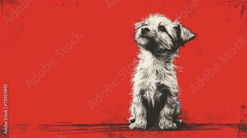  a black and white dog sitting in front of a red wall with a black and white drawing of a dog on it's back.