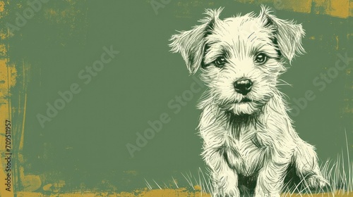  a small white dog sitting on top of a field of green grass next to a green and yellow sign with a dog on it's side.