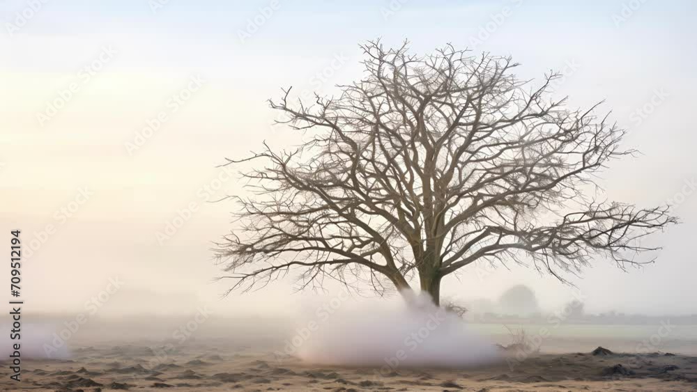 An old skeletal tree sitting alone in a field with a fog rolling by and the sound of cawing birds in the distance. An old skeletal tree sitting alone in a field with a fog rolling by and the sound of cawing birds in the distance.