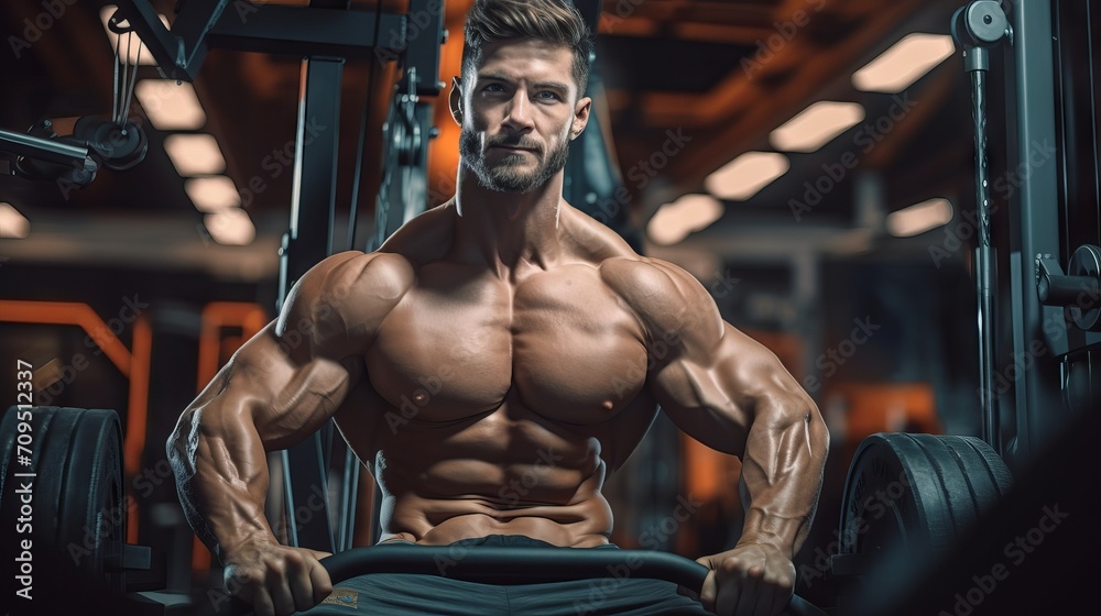 Muscular bodybuilders exercising in gym - fitness and bodybuilding concept with athletic men pumping up muscles