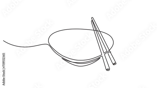 Continuous one line animation. Animated motion graphic element of a bowl with a pair of chopsticks. 4k videos