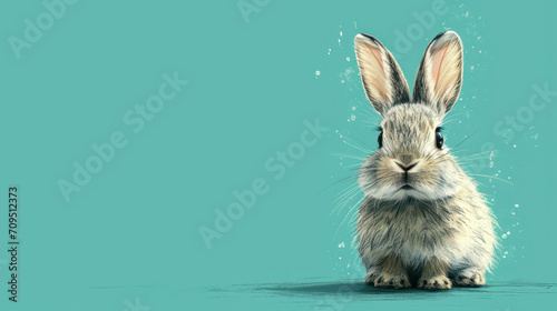  a digital painting of a rabbit's head with water splashing on it's face and ears, against a teal background.