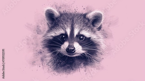  a close up of a raccoon's face on a pink background with a grungy effect.