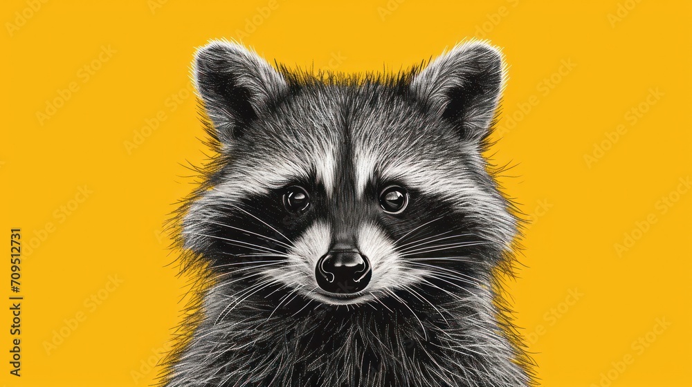  a close up of a raccoon's face on a yellow background with a black and white drawing of a raccoon.