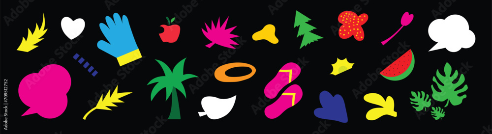 Colorful Summer stickers set in cartoon style. Summer holidays design elements - accessories, tropical plants, beach items and sports objects, etc. Vector illustration Colorful Summer stickers set in cartoon style. Summer holidays design elements - accessories, tropical plants, beach items and sports objects, etc. Vector illustration