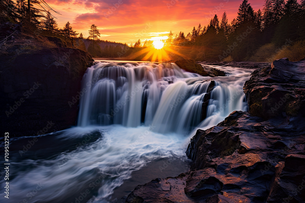 Beautiful landscape with sunset and waterfalls, surrounded by cherry blossom trees near Japan