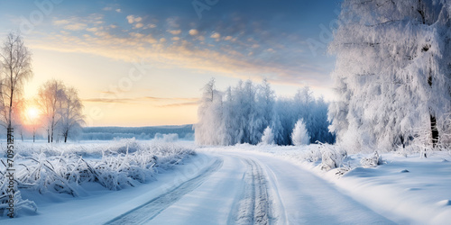 Snowy alley in cold winter morning at countryside stock photo 