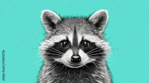 a close up of a raccoon's face on a teal background with a black and white outline. © Shanti