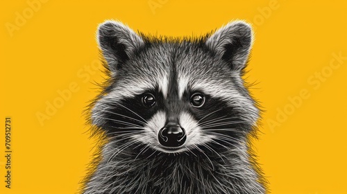 a close up of a raccoon's face on a yellow background with a black and white drawing of a raccoon. © Shanti