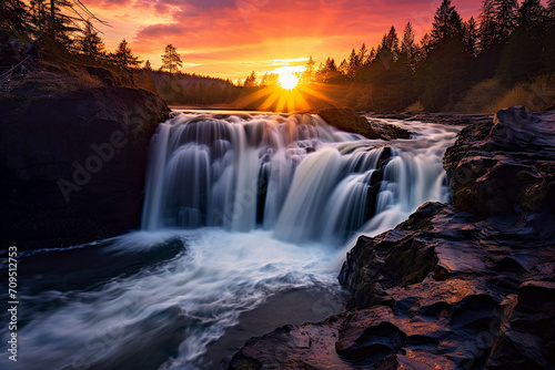 Beautiful landscape with sunset and waterfalls, surrounded by cherry blossom trees near Japan © Jacek