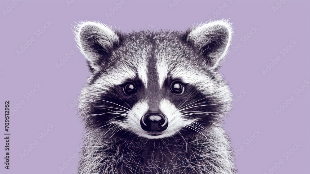  a close up of a raccoon's face on a purple background with a black and white image of a raccoon.
