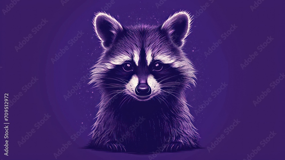  a close up of a raccoon's face on a purple background with a blurry image of the raccoon.