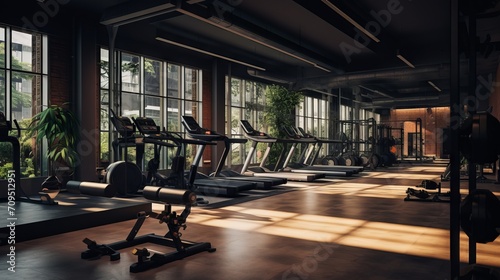 Modern and spacious gym with fitness equipment and copy space for your design © Ameer