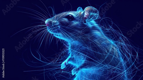  a close up of a rat on a dark background with a blurry image of the rat's head.