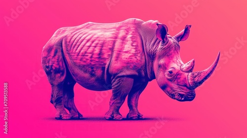  a close up of a rhinoceros on a pink and pink background with a pink background and a black rhinoceros in the foreground.