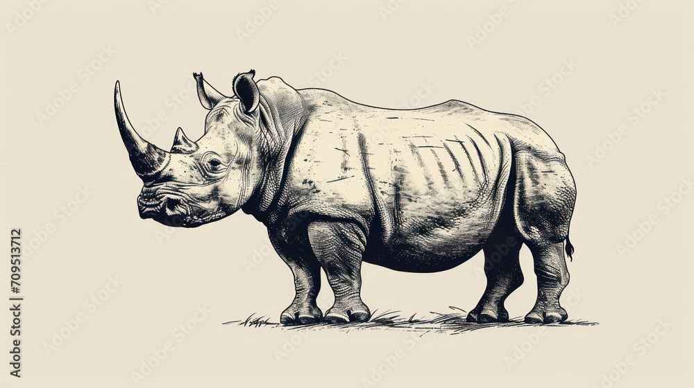  a drawing of a rhinoceros standing in the grass with its head turned to look like a rhinoceros.