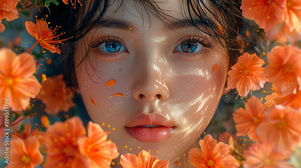 girl surrounded by beautiful orange flowers