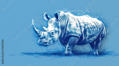  a drawing of a rhinoceros is shown on a blue background with a black outline of the rhinoceros.