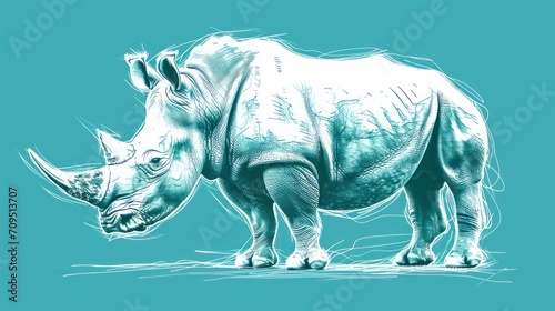  a drawing of a rhinoceros is shown on a blue background with a white outline of the rhinoceros.