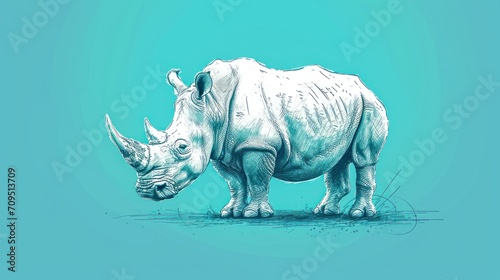  a drawing of a rhinoceros standing on a blue background with the rhinoceros in the foreground.