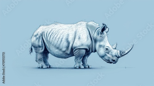  a drawing of a rhinoceros on a light blue background with a line drawing of a rhinoceros.